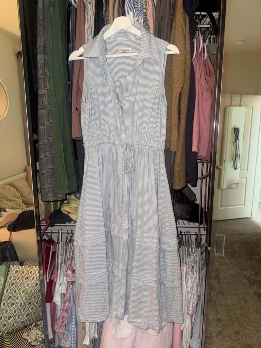 Calvin Klein Light Blue Sleeveless Collared Midi Dress with Tie Waist